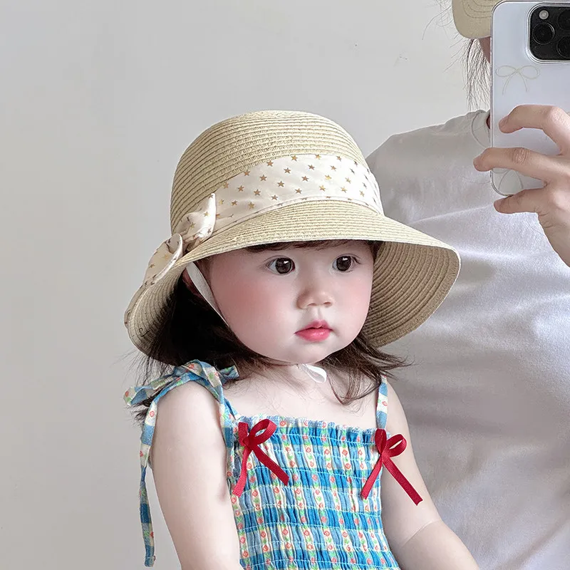Sommerlicher Strohhut mit süßer Schleife, große Krempe, UV-Schutz, Sonnenhut für Babys, Mädchen, Kinder, Strand, Outdoor, Alltagskleidung – Detail 4