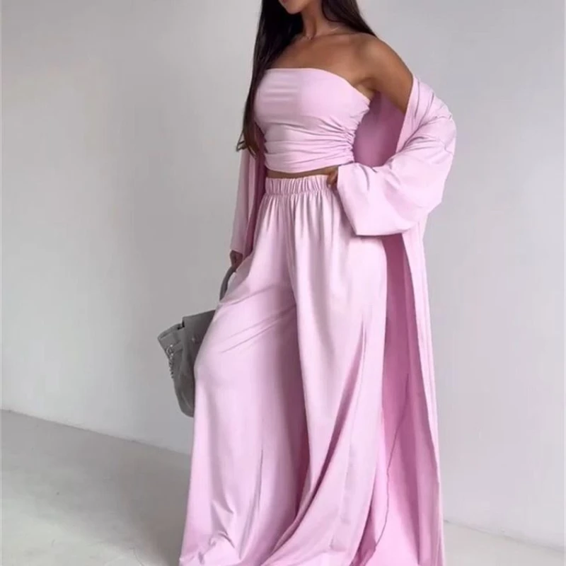 

2025 New Solid Color Long Sleeved Strapless Top and Long Skirt Women's Suit