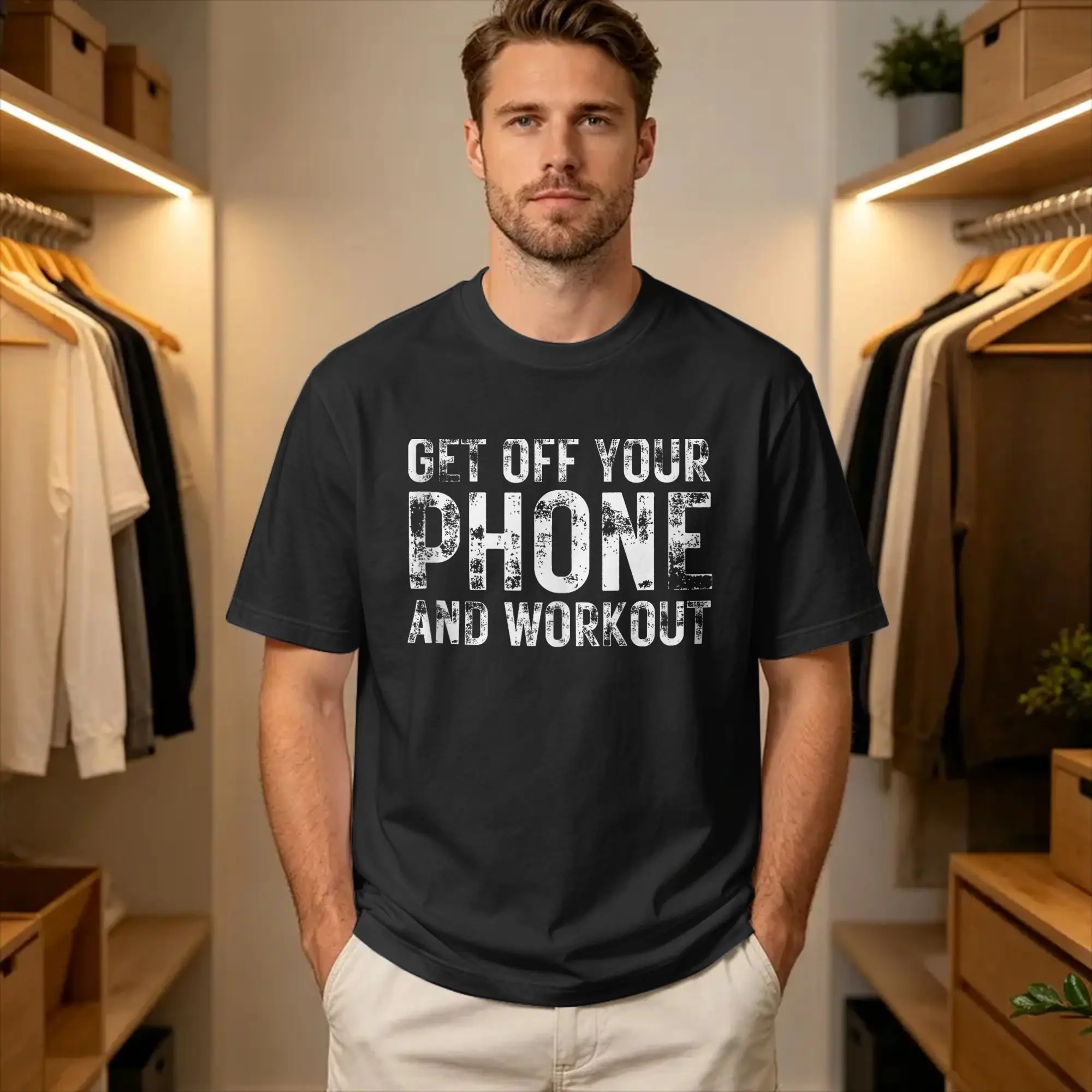 Get Off Your Phone and Workout Funny Raunchy Lifting Meme Men's T Shirts  Vintage Tees Short Sleeve O Neck T-Shirts 100% Cotton