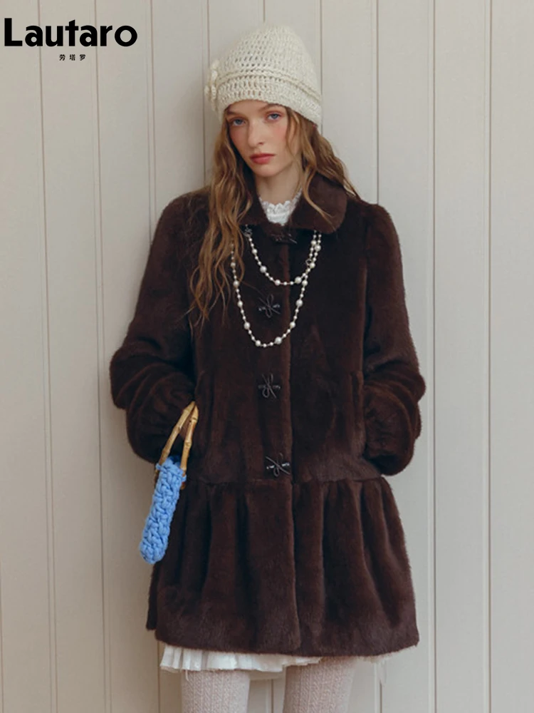

Lautaro Autumn Winter Thick Warm Soft Brown Faux Mink Fur Coat Women Puff Sleeve Elegant Luxury Chic Stylish Fluffy Jacket 2026