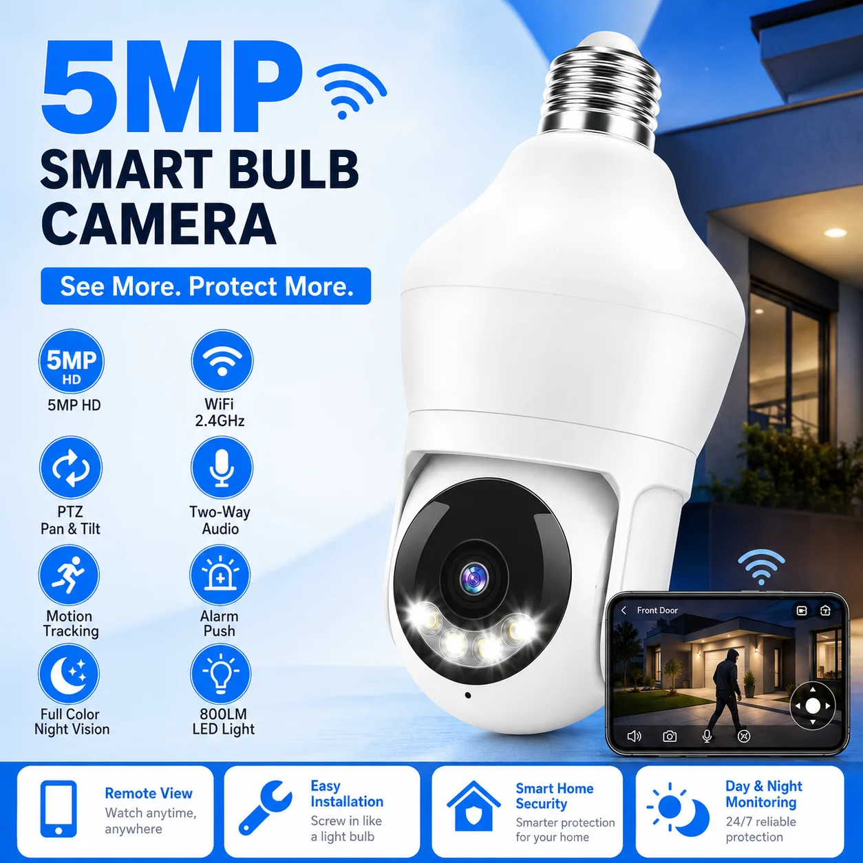 5MP LED Bulb Security Camera WiFi PTZ Camera 5x Zoom AI Auto Tracking Color Night Vision Wireless Surveillance