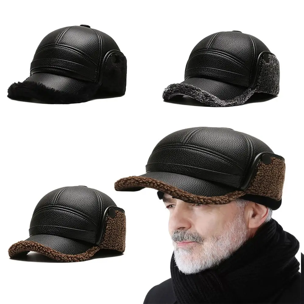 Thicken Old Man Thermal Hat Autumn Winter Hat Casquette Warm Duck Tongue Hat Ear Protection Warm Leather Hat PU Hat Dad Grandpa