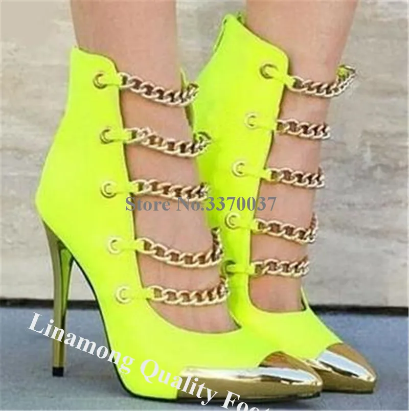 Gold Chains Short Boots Linamong Metal Chains Decorated Stiletto Heel Yellow Leopard Stiletto Heel Ankle Booties Party Heels