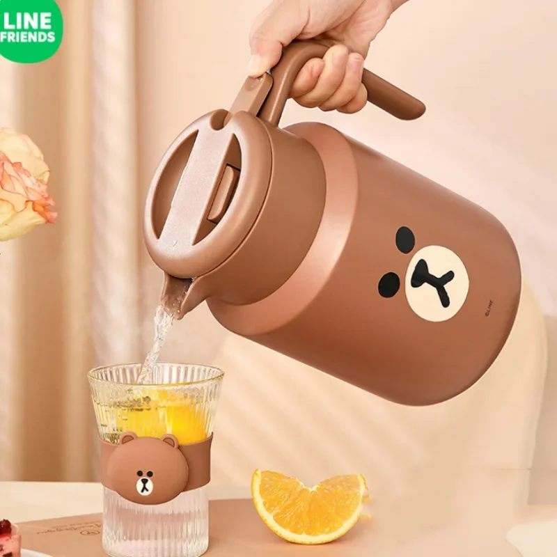 Line Friends brązowy dzbanek termiczny Anime Kawaii śliczny izolowany czajnik ze stali nierdzewnej o dużej pojemności butelka na gorącą wodę do