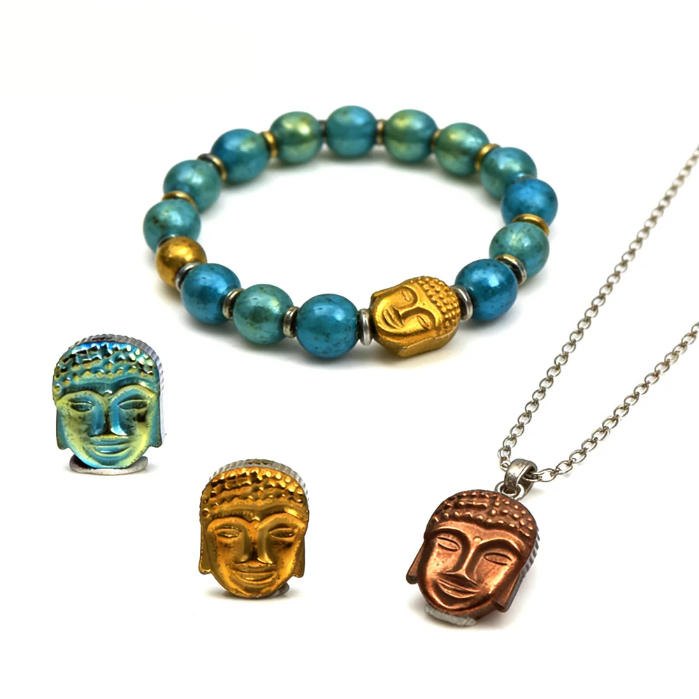 OlingArt 8MM 24pcs Natural Stone Black Hematite Beads Metal plating color Buddha head DIY necklace Bracelet jewelry making