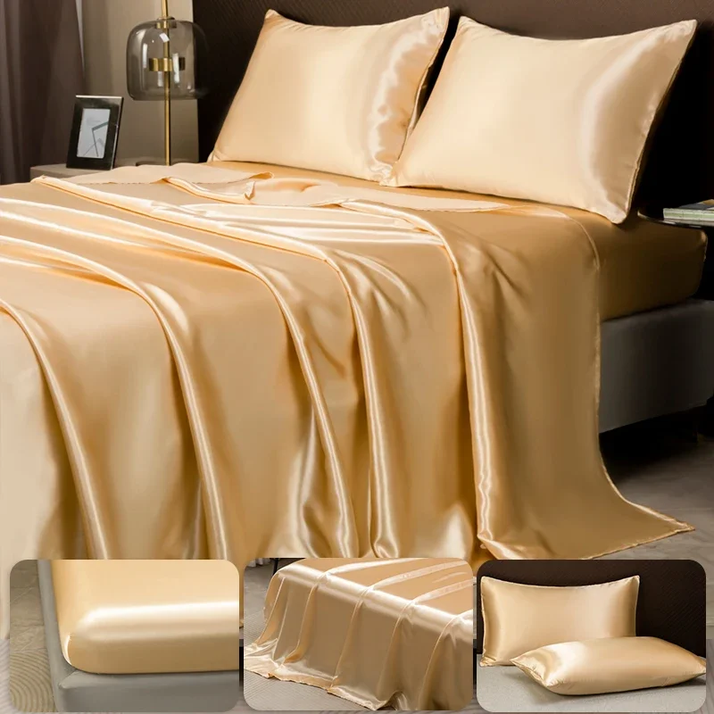 Solid Color Satin Bedding Set 1 Flat Sheet 1 Fitted Sheet Pillowcases,Luxury Linens,Ultra-Soft,Customizable Size