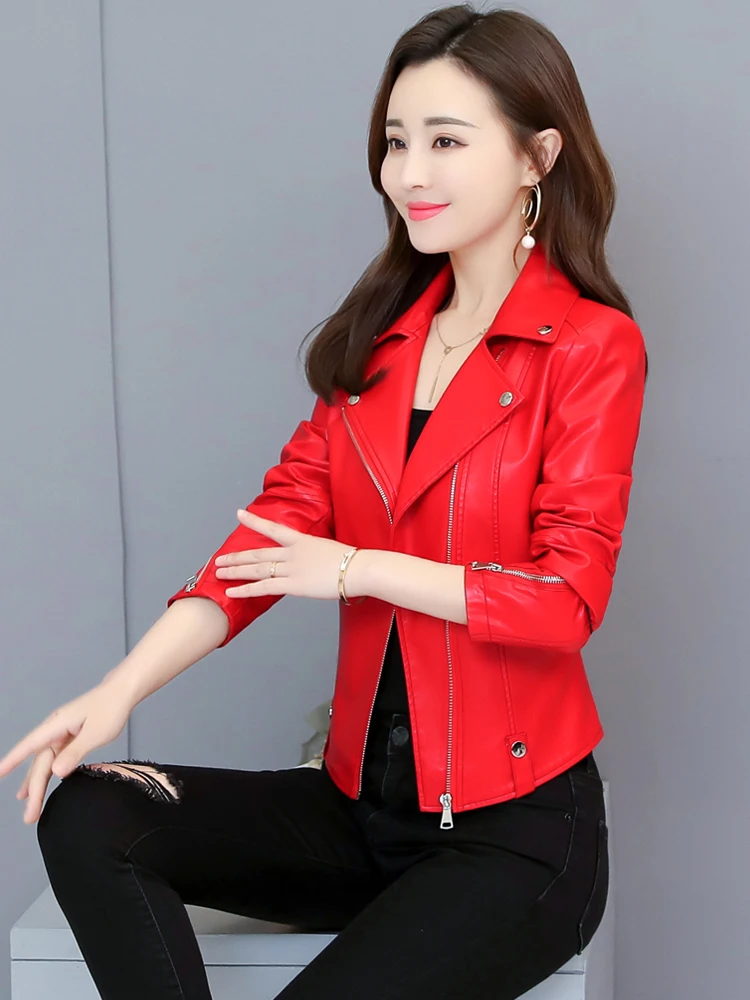 Giacca in Pelle da Donna Primaverile/Autunnale con Colletto Rovesciato, Stile Biker Slim Fit, Versione Coreana Heining