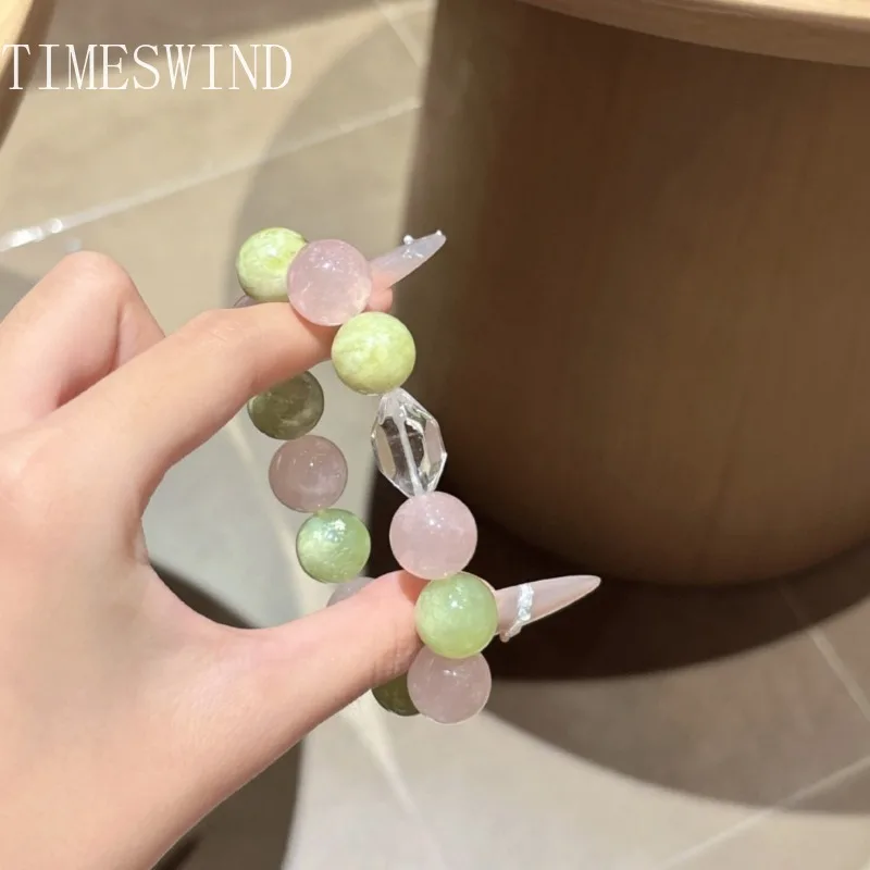 TIMESWIND Natürliche Original Rosa Kristall Grün Stein Runde Perlen Segnen Frauen Armband Modeschmuck mit Zertifikat