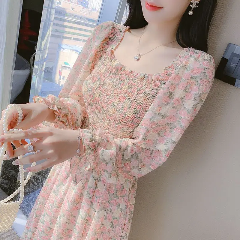 French Style Floral Maxi Dress Women Elegant Square Neck Long Sleeve Dress Slimming Ankle Length Design with Stomach Coverage