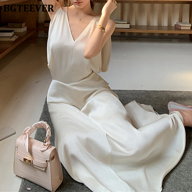 BGTEEVER 우아한 슬림 허리 여성 a 라인 드레스 세련된 v 넥 민소매 숙녀 새틴 드레스 여름