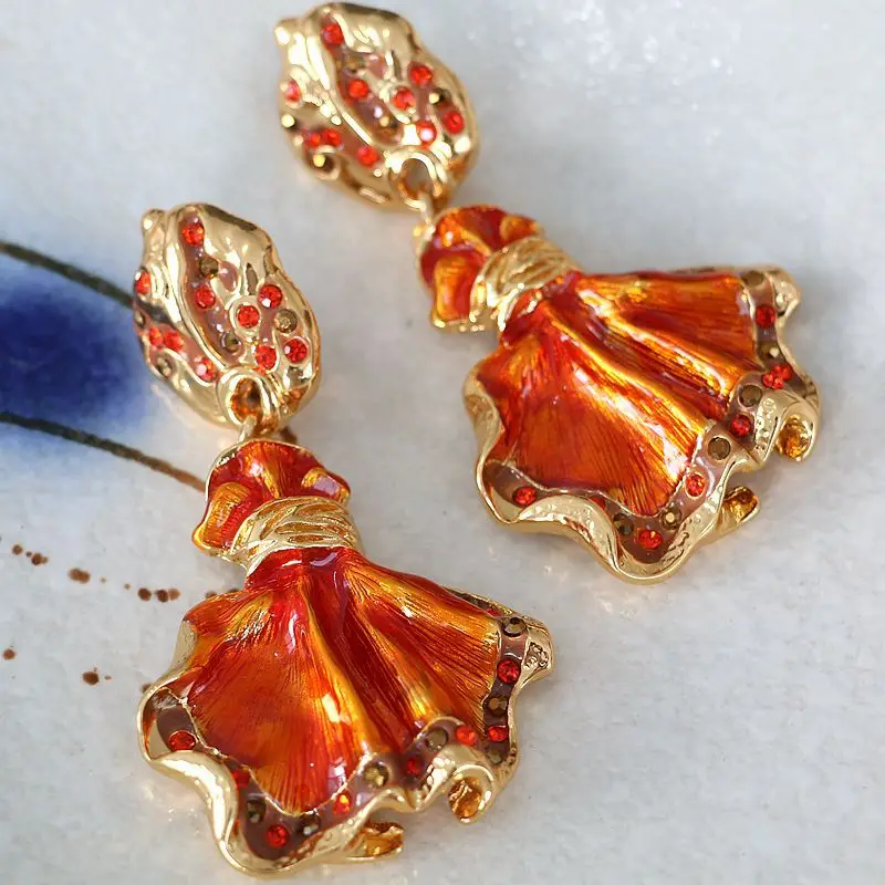 Vintage Rhinestoned Orange Color Candy Earrings For Women Jewelry Runway Party T Show Fancy Trendy Boho INS Japan