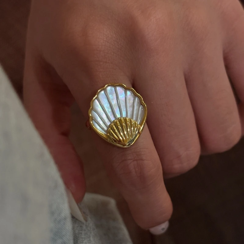 

Bellux popular natural mother of pearl ring s925 pure silver thick plated 18k gold light luxury finger ring fashion rings