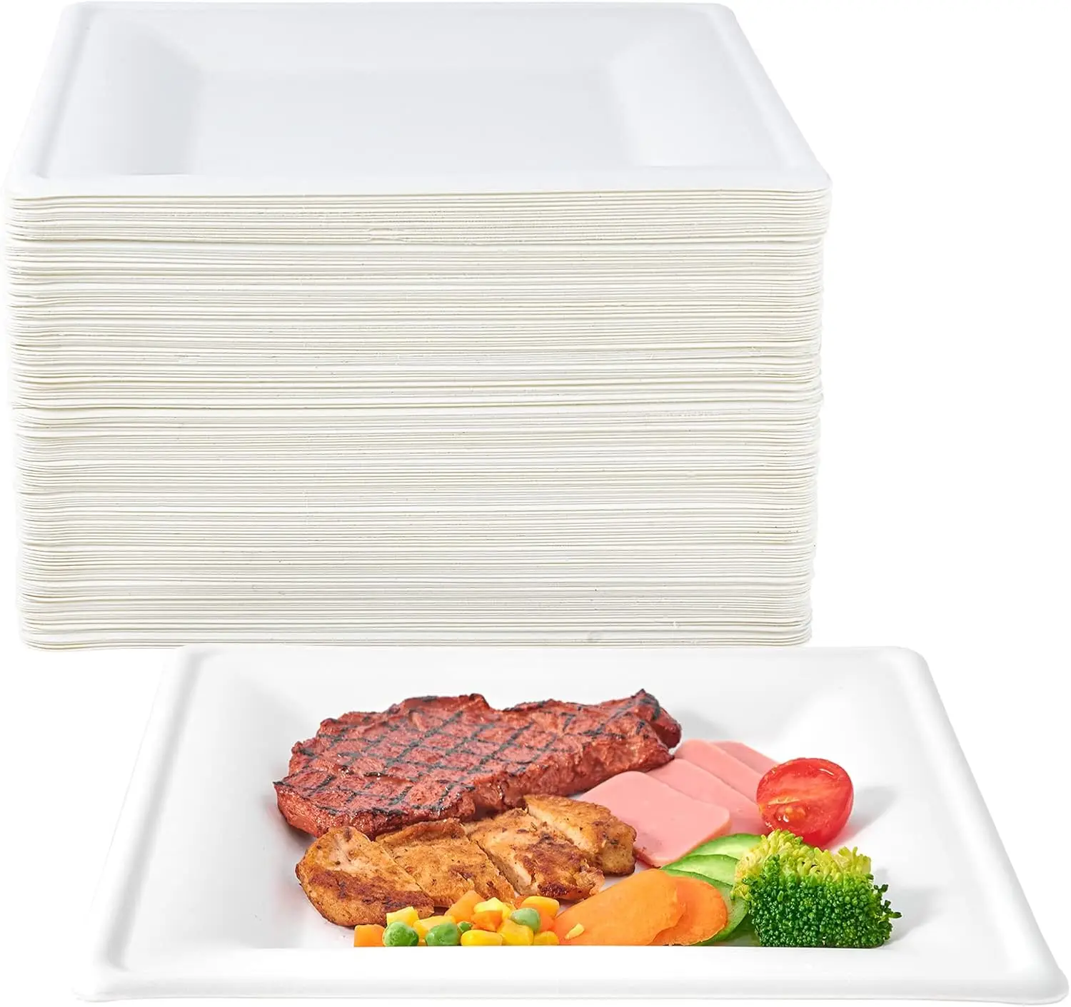 150 Pieces Compostable Square Paper Plates, 10 inch Heavy Duty Disposable Plates, Eco-friendly Biodegradable Sugarcane Bagasse