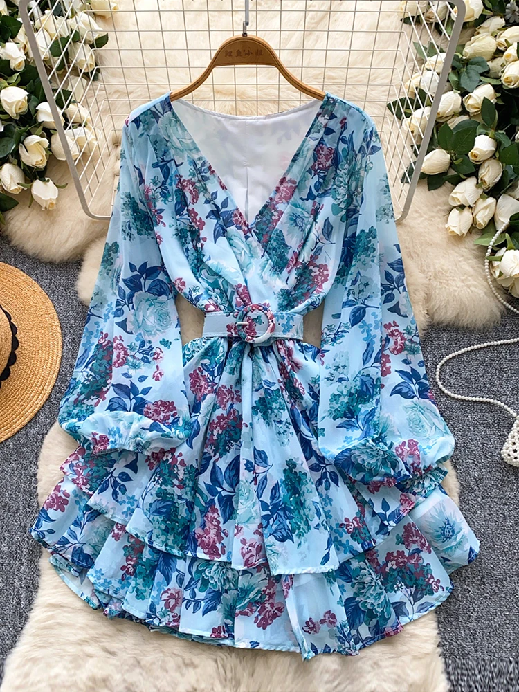 Women Summer Dress Beach Vacation Flower Printed with Bubble Sleeves V-neck Waist Belt Short Length Mini Vestido Female DS445