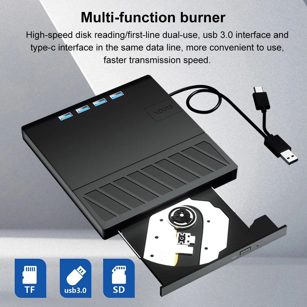 

7-в-1 USB 3.0 Type C внешний CD DVD RW оптический привод тонкий DVD-проигрыватель рекордер для Windows XP/7/8/10/11 Mac ноутбуков и настольных компьютеров