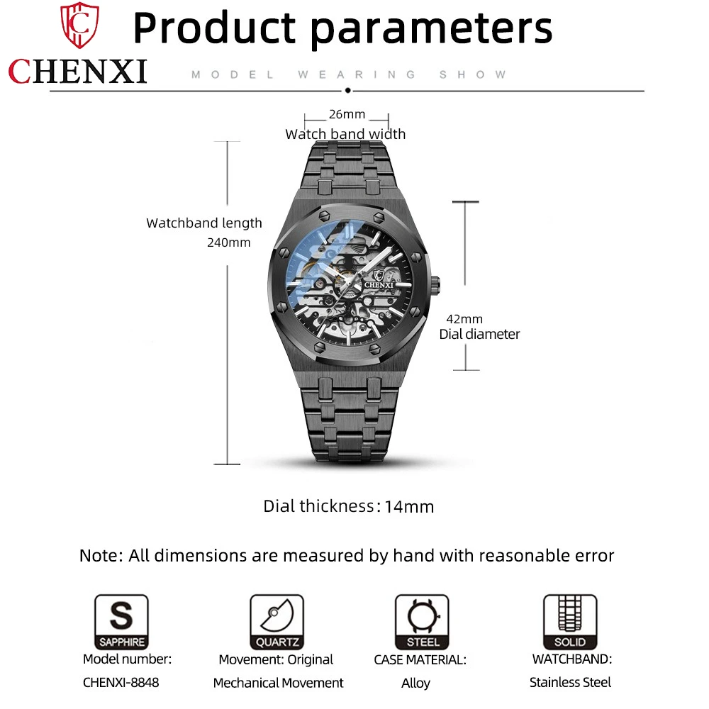 CHENXI Automatic Mens Watches Waterproof Business Stainless Steel Sport Mens Watches Top Brand Mechanical Tourbillon Wrist Watch