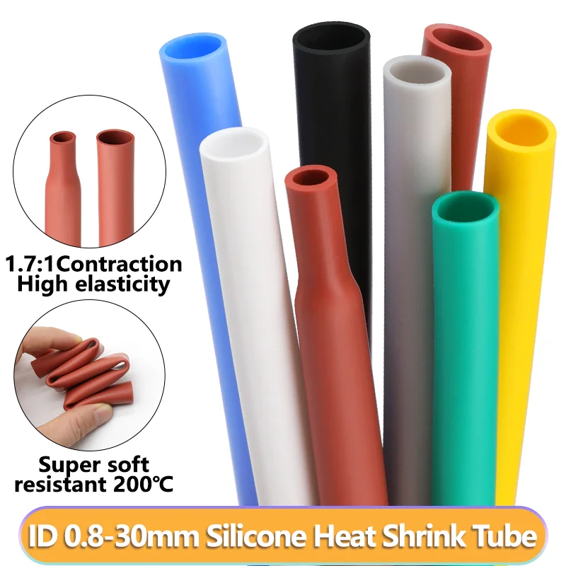 Silicone Heat Shrink Tube 1.7:1 Ratio ID 0.8mm-30mm 1/3m High Temperature Cable Insulated Sleeve Protector Repair Automotive DIY