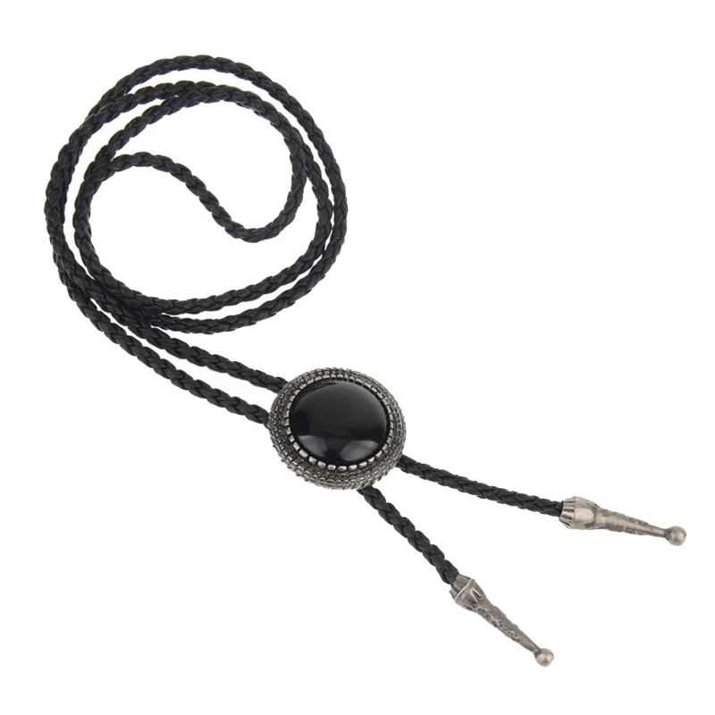 Round Stone Cowboy Bolo Tie Western Braided Artificial Leather Rope Necktie Jewelry Shirt cOLLAR Chain American Necklace