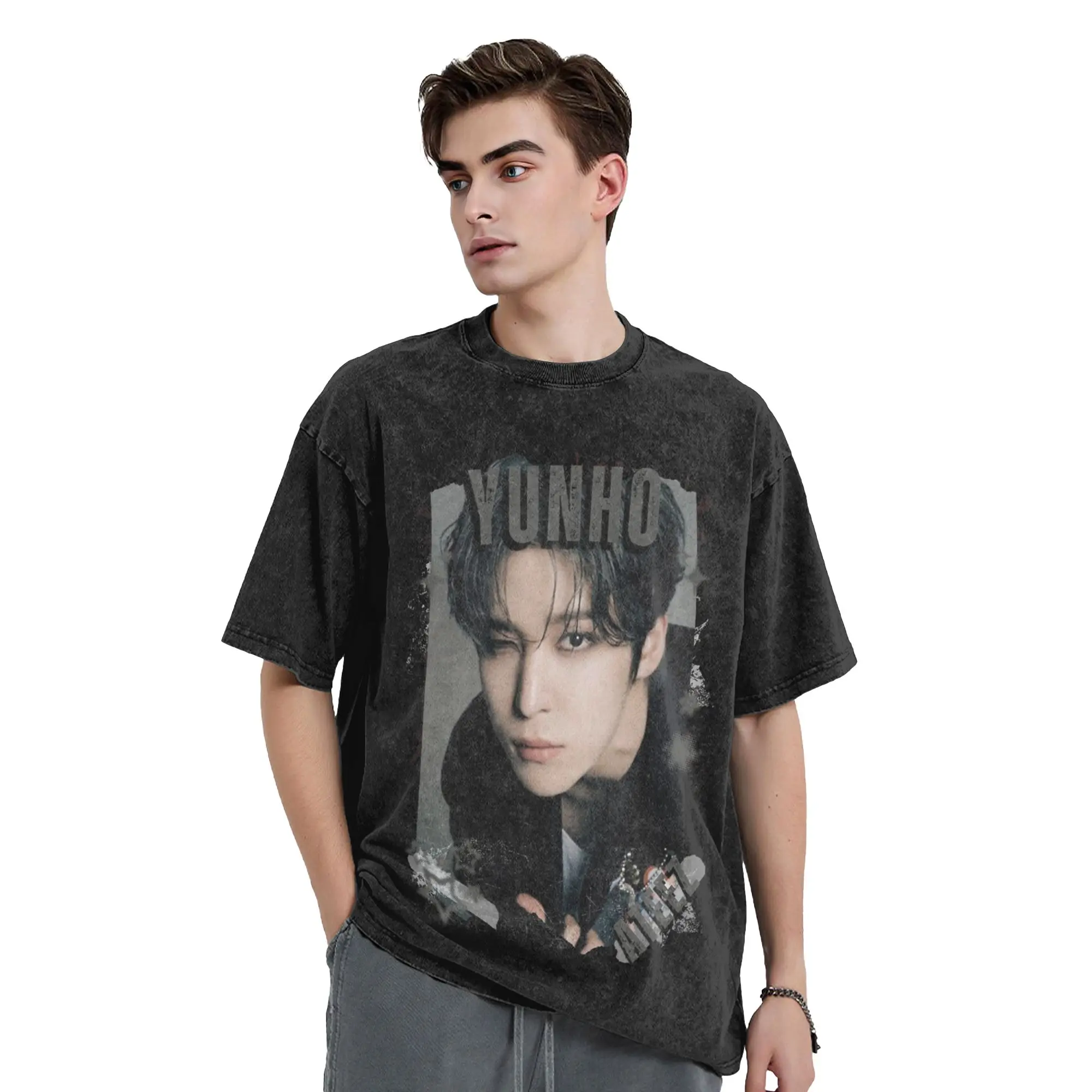 Kpop Boy Group A-Ateez Yunho Washed T Shirt Streetwear  Novelty T-Shirts  Tees Men Women Short Sleeve Street Printed