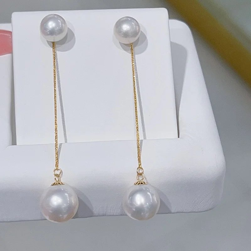 

SGARIT 18K Yellow Gold White Pearl Earrings For Women,Wedding Natural Pearl Long Earrings Gift,AU750 Long Chain Earrings SE77