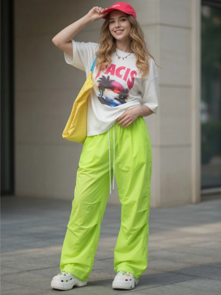American Streetwear Pants Women Baggy Fashion Hip Hop Minimalist Casual Summer Thin Breathable All-match Candy Color Trousers