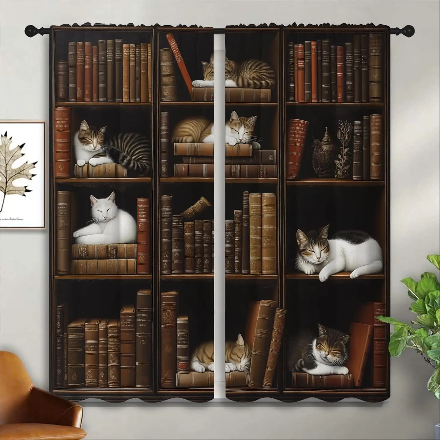Retro Literary Cat Blackout Curtain Vintage Stacked Book Shelf Print Drape For Library Studio Warm Quiet Bookworm Chic Window