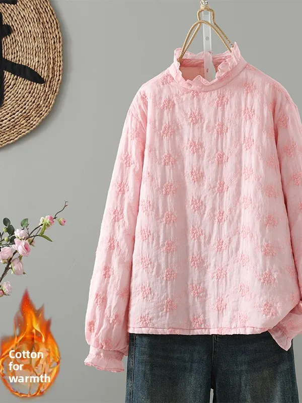 

Свободный крой, хлопковое пальто с вышивкой, женское пальто больших размеров с тяжелым воротником, теплое пальто на подкладке, художественное длинное пальто