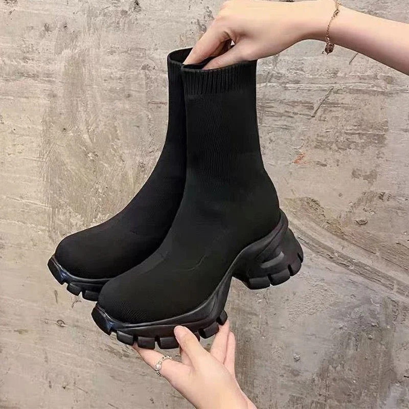 Mulheres meados de bezerro meias botas meados de salto plataforma sapatos 2024 inverno designer novos sapatos caminhada bombas confortáveis moda tendência mujer zapatos