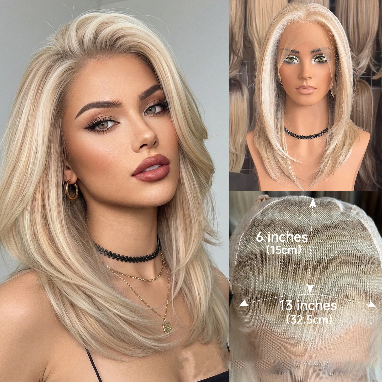 

18inch Highlight Bob Wigs Synthetic, Short Straight Blonde Mix Brown Hair Replacement for Daily Cosplay Costume