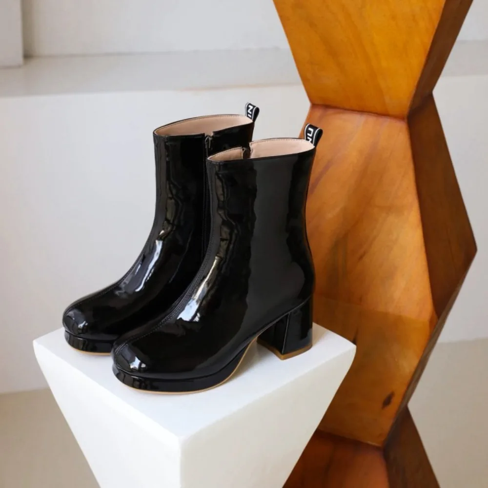 New 7cm High-heeled Cross Dressing Shoes Platform Boots Square Heel Boots Sexy Round Toe Leather Zip Women Mid-calf Boots