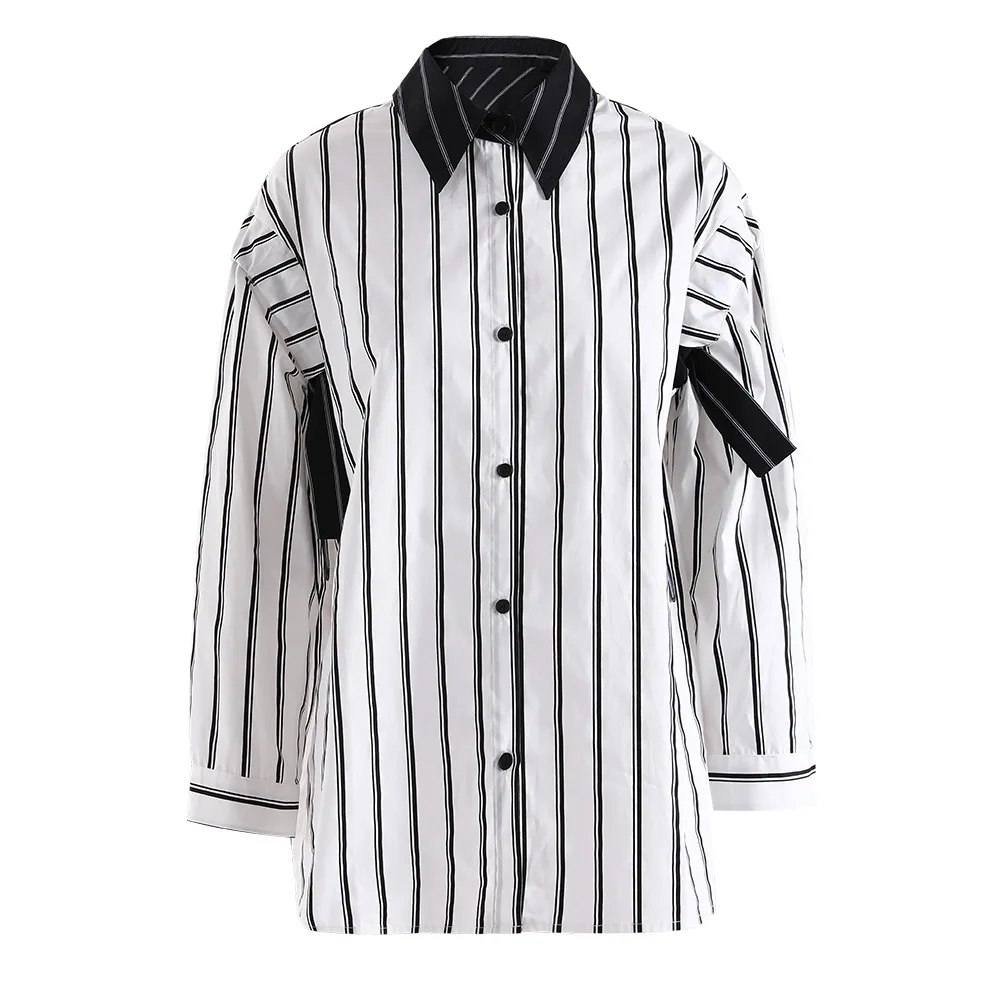 

SuperAen Striped Contrast Stitching Shirt Women Spring New Retro Casual Single-breasted Long-sleeved Shirt