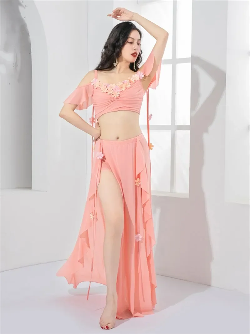 

2 Piece Set Belly Dance Costume Women Short Sleeve Flower Decorated Top Side Split Long Skirt Sexy Dancer Competition Clothes