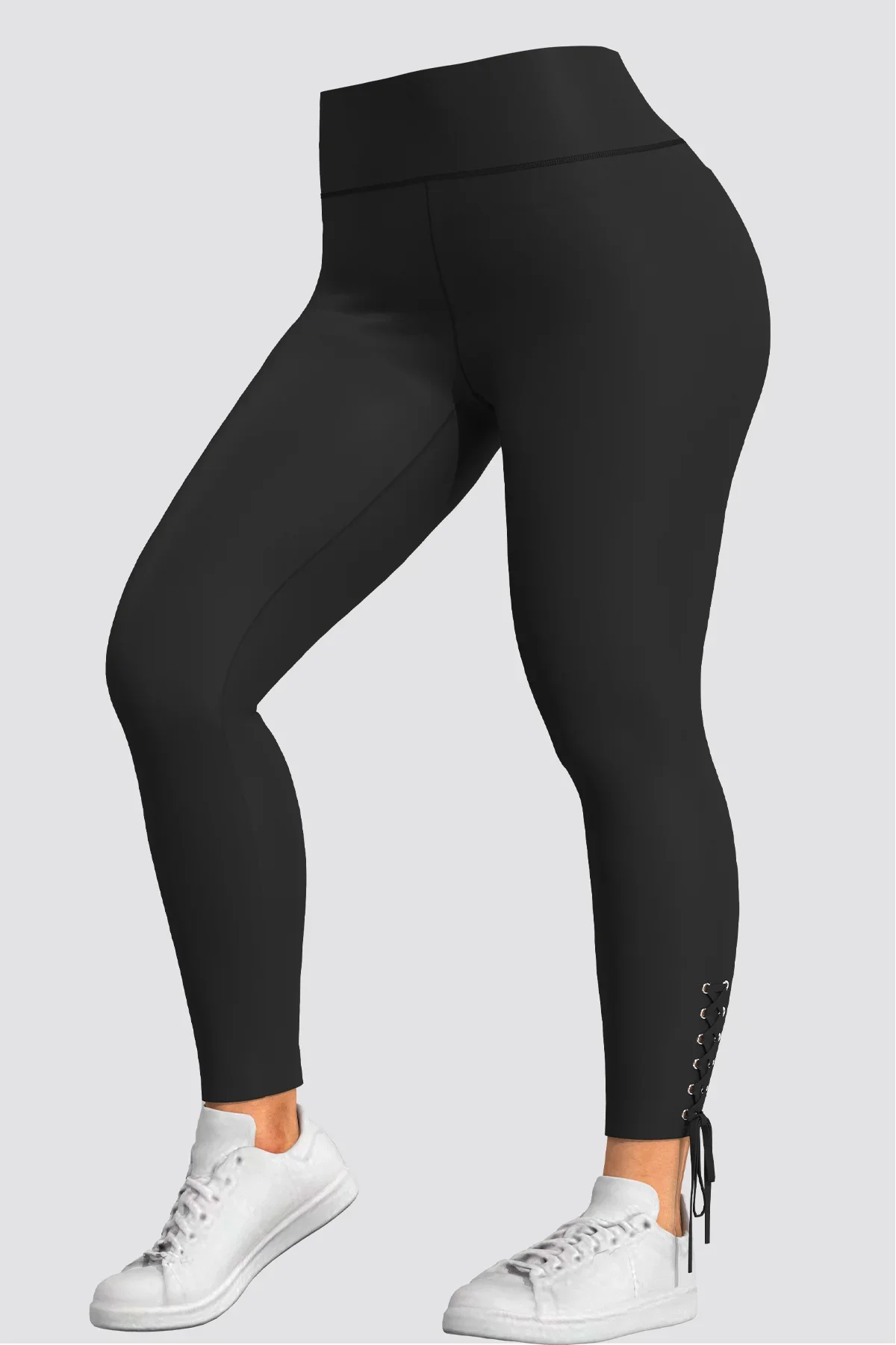 Plus Size Black Casual Leggings Pants with Lace Up Waist Closure Women\'s Slim Tight-Fitting Elastic High Waist Black Pencil Pant