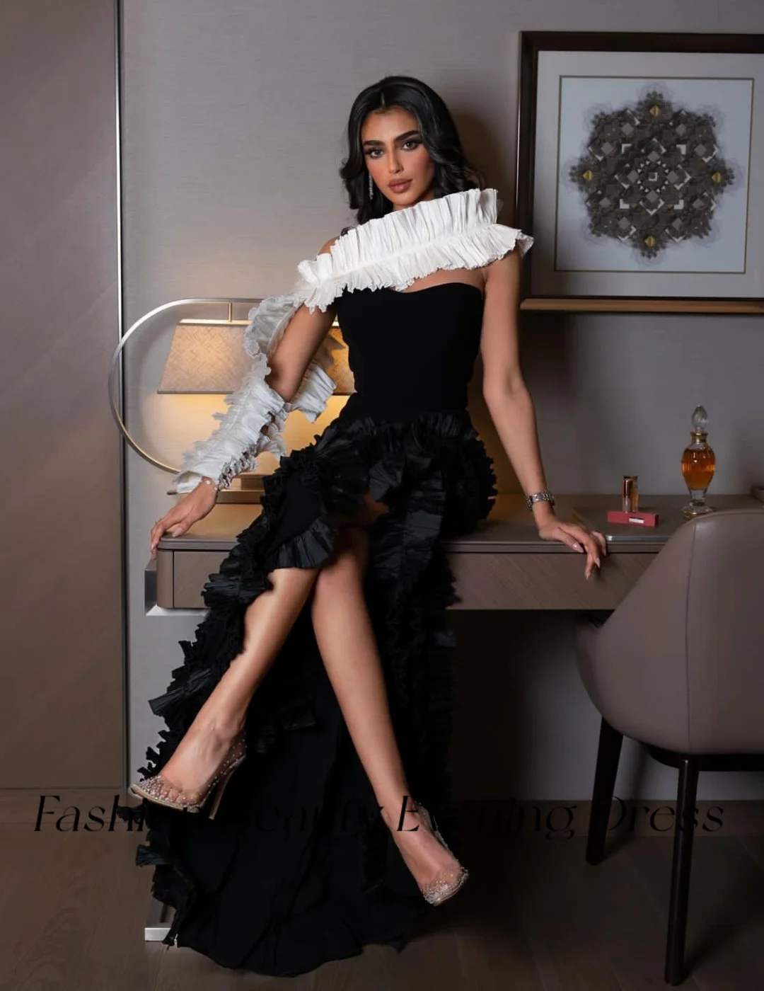 Fashion Beauty Black Evening Dresses Strapless High Slit Tiered Ruched Ruffles New Party Gown For Women 2024 vestidos de noche