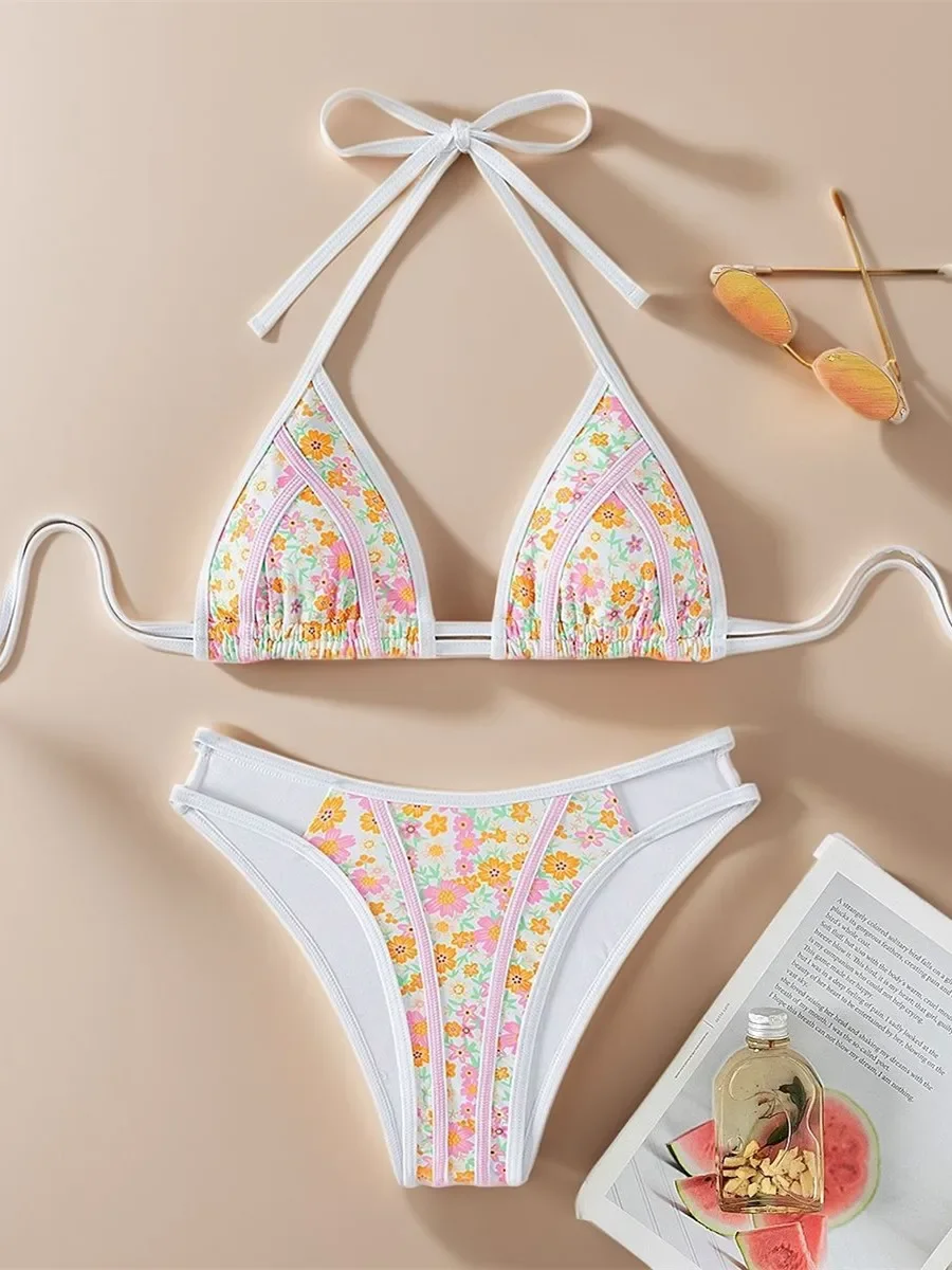

Сексуальный розовый купальник с цветочным принтом, женский комплект бикини с высокой талией, лето 2025, пляжный купальный костюм, купальник из двух предметов, бикини