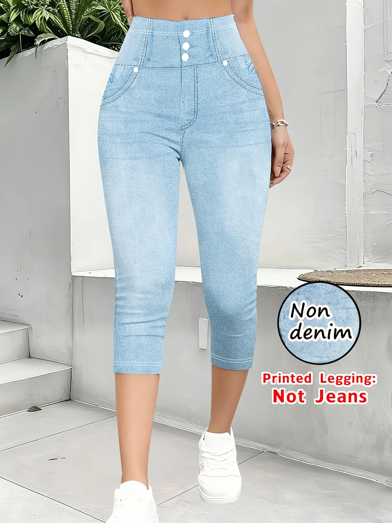 Women High Waist Button Decor Faux Denim Print Capri Leggings, Super Stretch Non‑Denim Skinny Butt‑Lifting Casual Summer Cropped