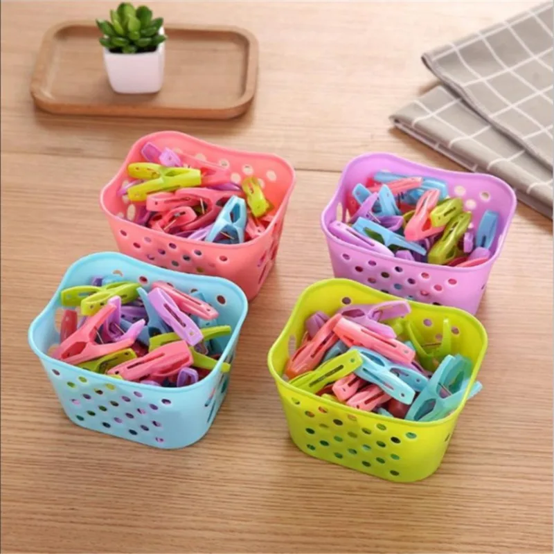 30 Pcs Clothes Pegs Pins With A Basket Colored Plastic Clothespins Durable Windproof Non-slip Laundry Bread Clip Cereal Clip