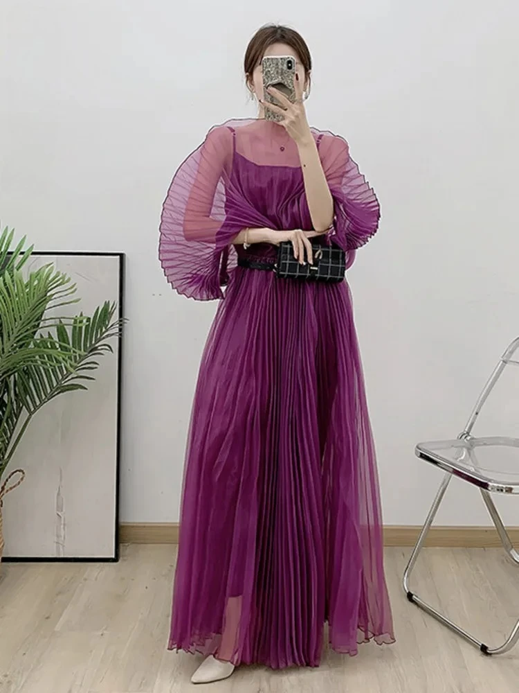 

Miyake 2025 Summer New Fashion Casual Skirt Elegant Solid Colour Pleated Dresses Women's Large Size Long Sheer Halter Dress