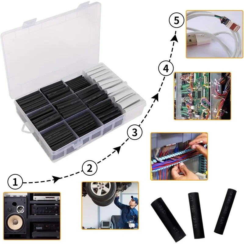 300pcs Heat Shrink Tubing Set Wiring Accessories Ferrules Electrical Cable Terminal Kit 3:1 Double-walled Self-adhesive Lined