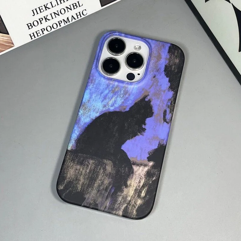 Artistic INS Elegant Oil Painting Black Cat Case for iPhone 15 14 13 Pro Max Back Phone Cover for 12 Mini 11 Pro Max Capa