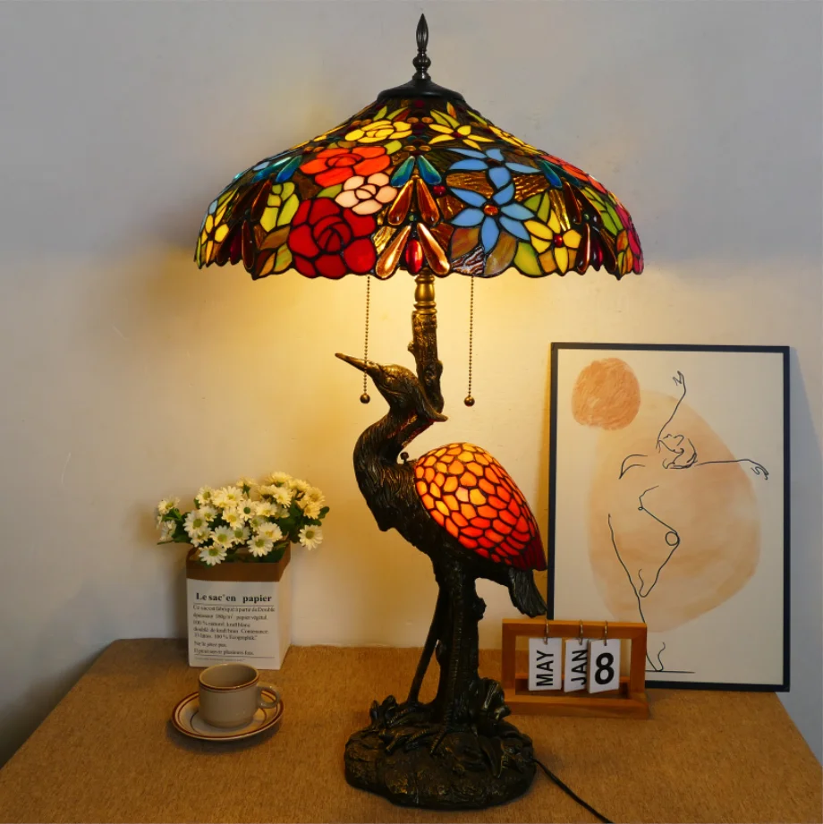 20-Inch   Table Lamp Stained Glass Dome Shade Resin Base Bedroom Living Room Study Hotel Decoration Night Light