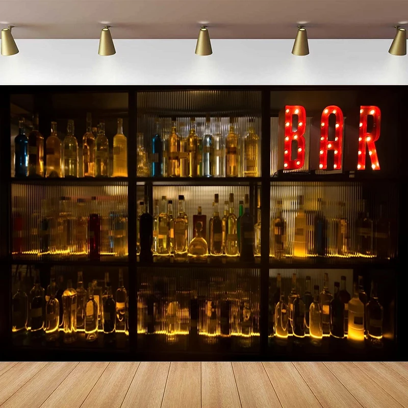 BAR Sign Lights Photography Backdrop Alcohol Bottles Bokeh Lamp Beer Whiskey Wine Rack Background Interior Decoration Banner