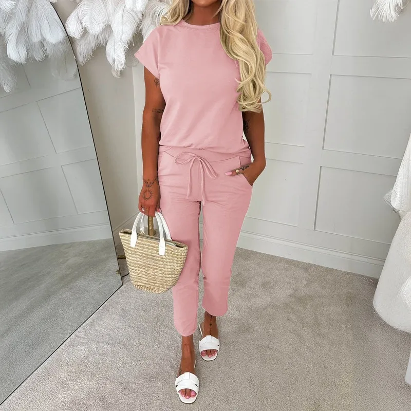 

Womens 2 Piece Short Sleeve T Shirt Drawstring Waist Pants Loungewear Set
