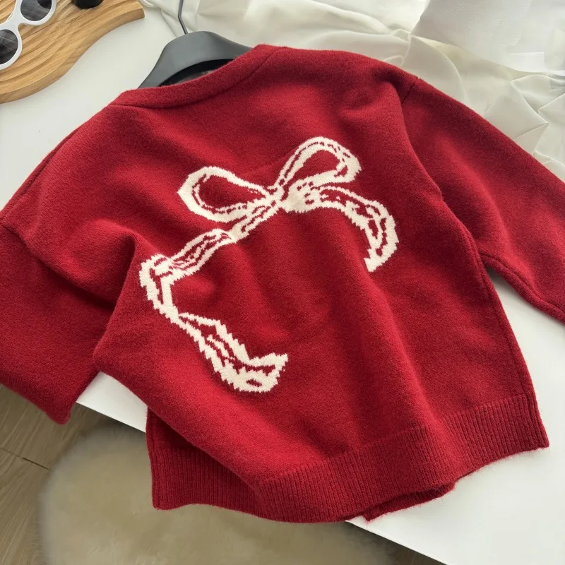 Kobiety Y2K Printed Pullover Cardigan Tops Cute Bowknot Long Sleeve V-Neck Knitted Sweater Fall Winter Jumpers Streetwear Chic