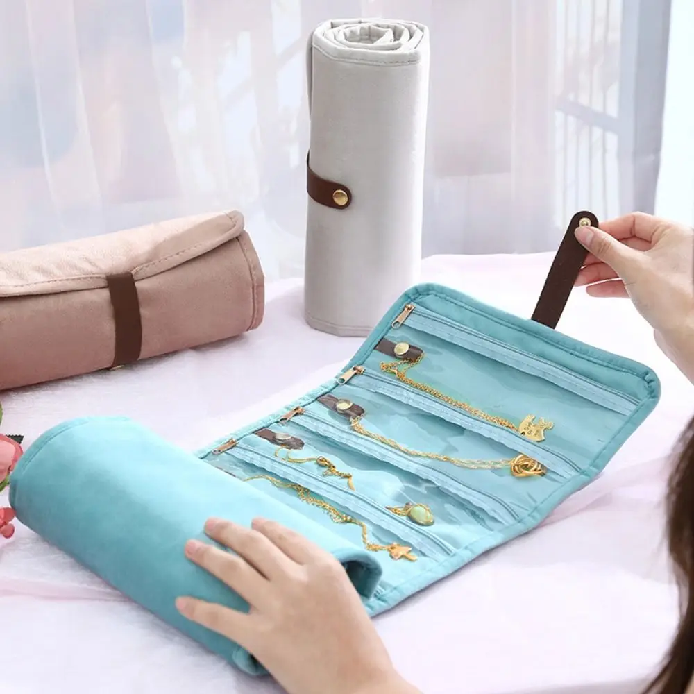 

Складной органайзер для украшений с несколькими карманами на молнии, сумка для хранения ожерелий с защитой от потери, фланелевый держатель для демонстрации украшений