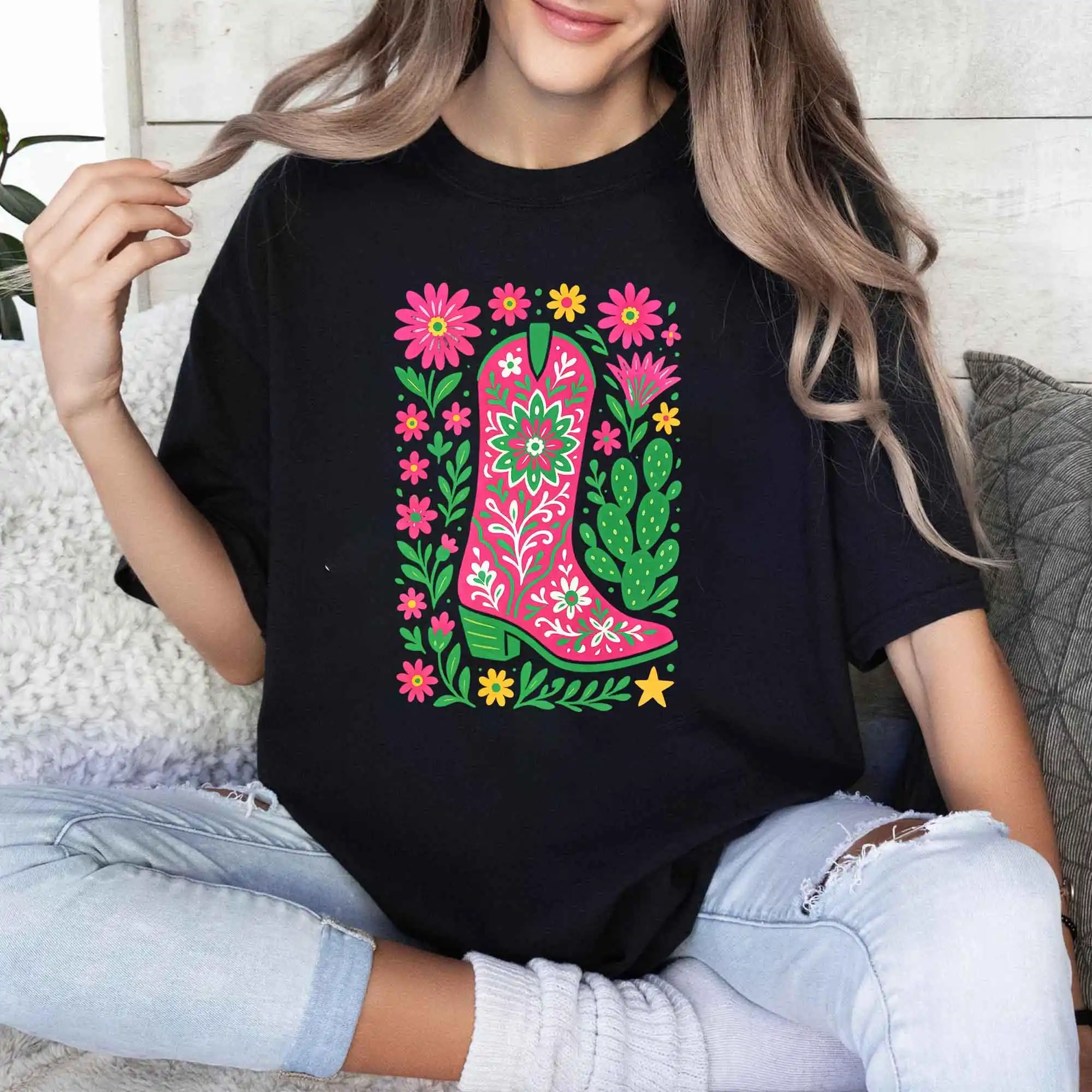 

Cowgirl Boot Shirt, Cowboy Boots T-Shirt, Knockin Boots T-Shirt, Country Music Shirt, Western Graphic Tee, Floral Cowgirl Shirt,