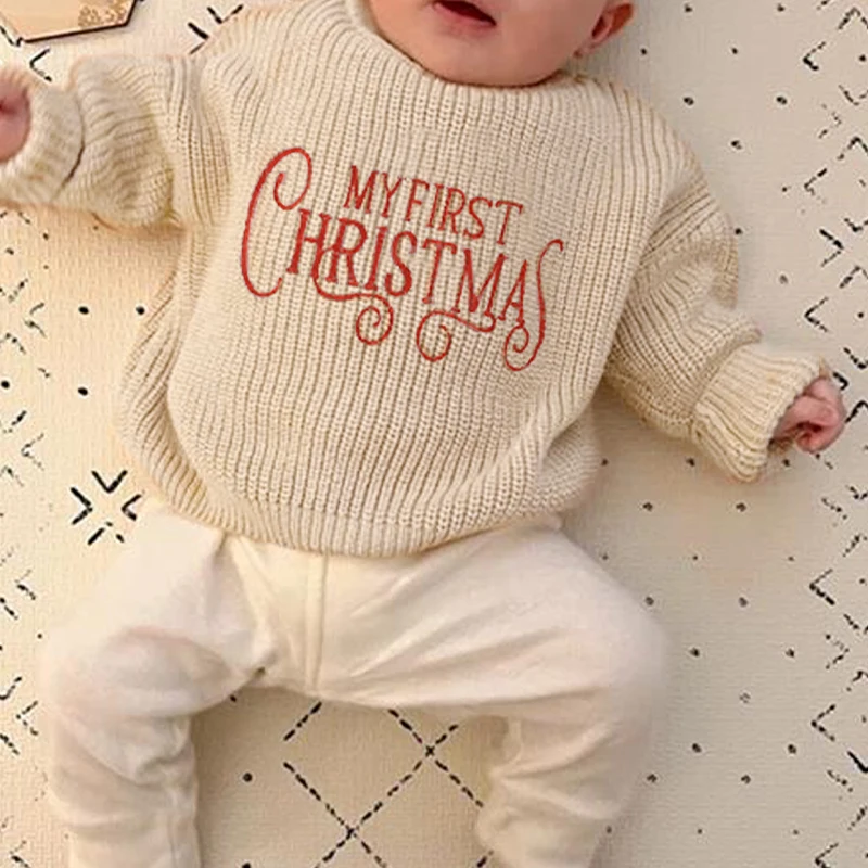 Baby Girls Christmas Knit Sweater Long Sleeve My First Christmas Letter Print Pullover Knitwear Baby Girl Sweater