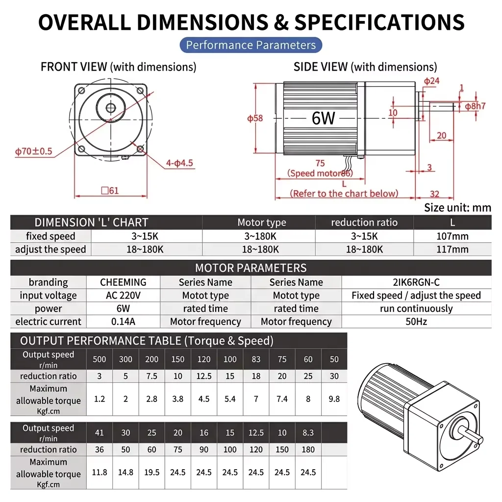 6W-250W Micro AC Gear Motor with Gearbox 220V/380V Single Phase Fixed Speed Control Geard Motor for Customizable Automation