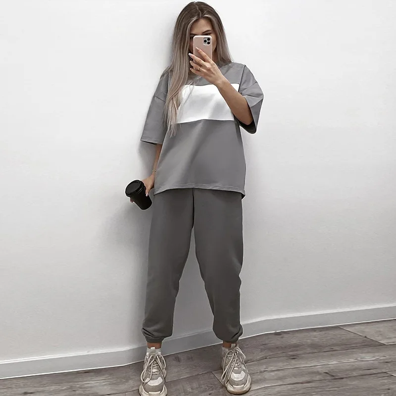 Women's Casual Suit New Fashion Loose Color Contrast Round Neck Short-sleeved T-shirt Sports Pants 2 Pieces Ropa Mujer Juvenil