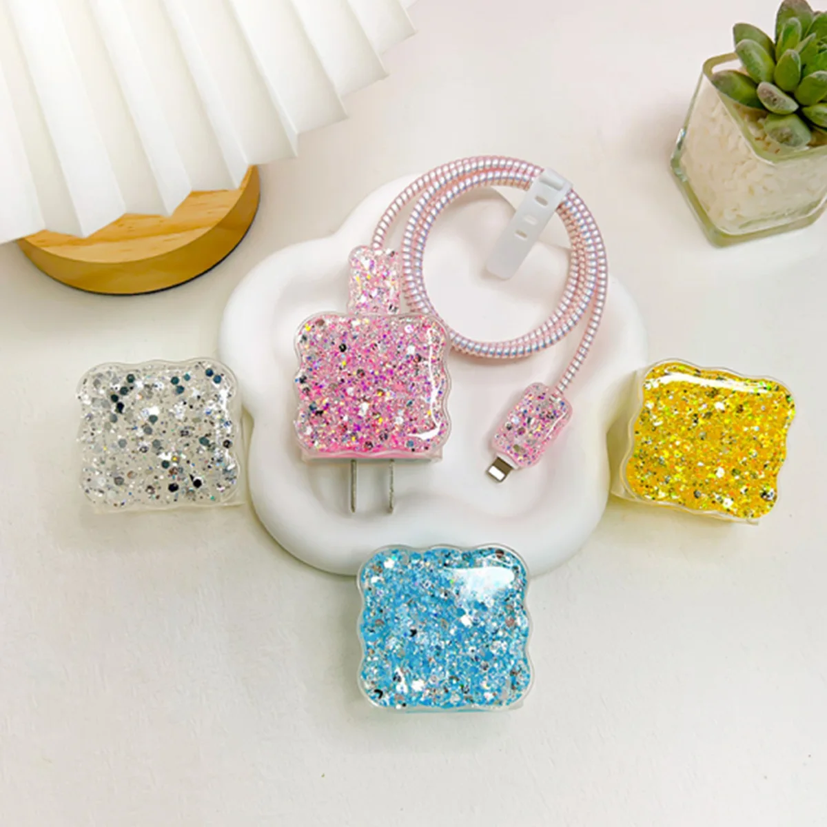 Shimmering Wave Style 5pcs Cable Protector for iPhone / iPad 18W/20W Charger Case Cable Management Phone Wire Cord Organizer